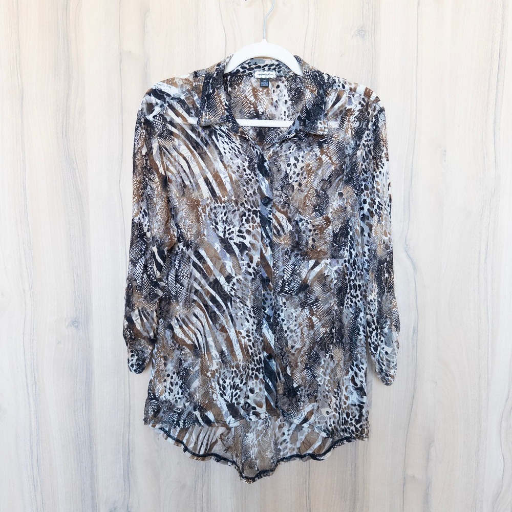 Eyeshadow Womens Lace Sheer Button Down Shirt Size M Brown Animal Print Mob Wife